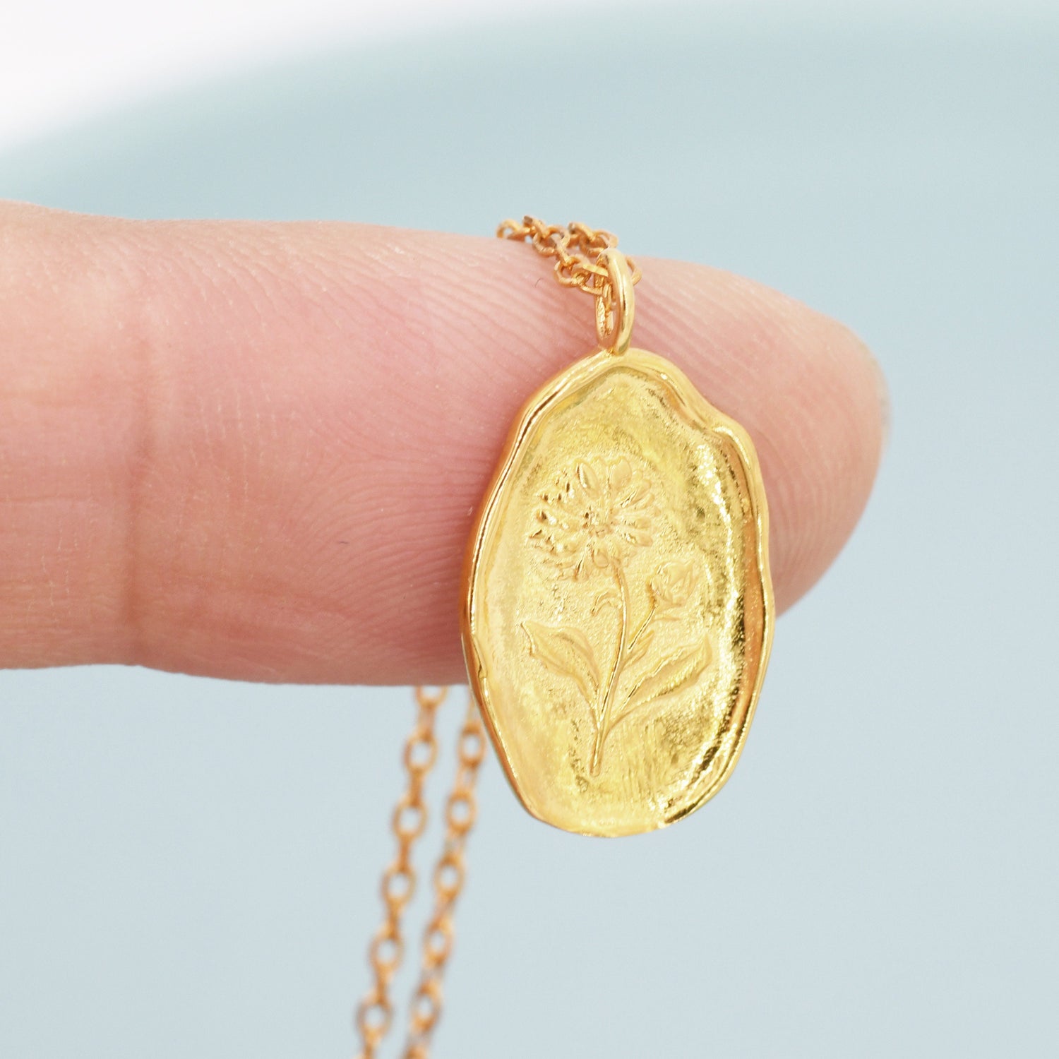 Aster Birth Flower Oval Pendant Necklace