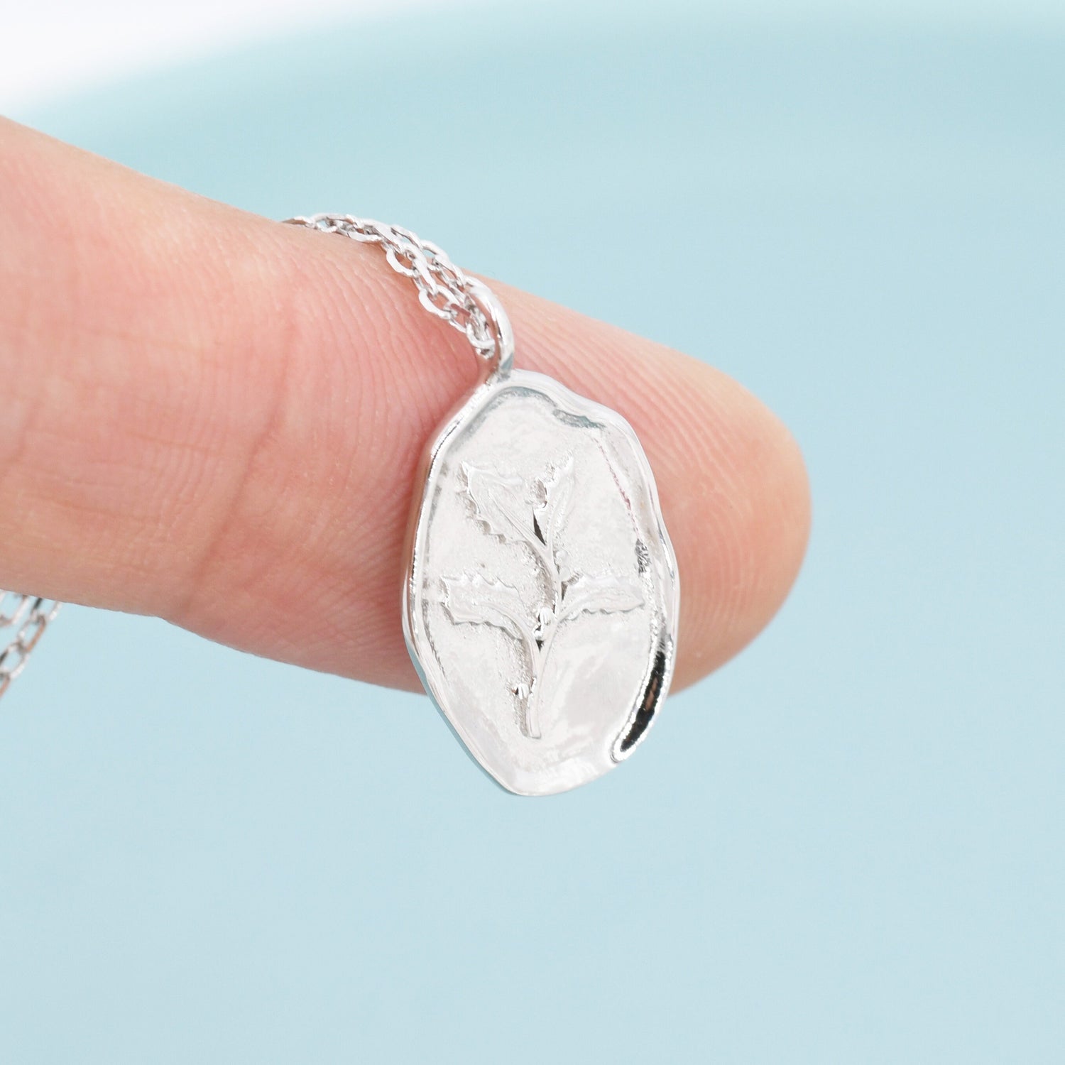 Holly Birth Flower Oval Pendant Necklace