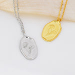 Water Lily Flower Oval Pendant Necklace in Sterling Silver, Silver or Gold, July Birth Flower, Nature Inspired Daisy Flower Disk Necklace