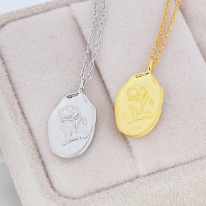 Poppy Flower Oval Pendant Necklace in Sterling Silver, Silver or Gold, August Birth Flower, Nature Inspired Flower Disk Necklace