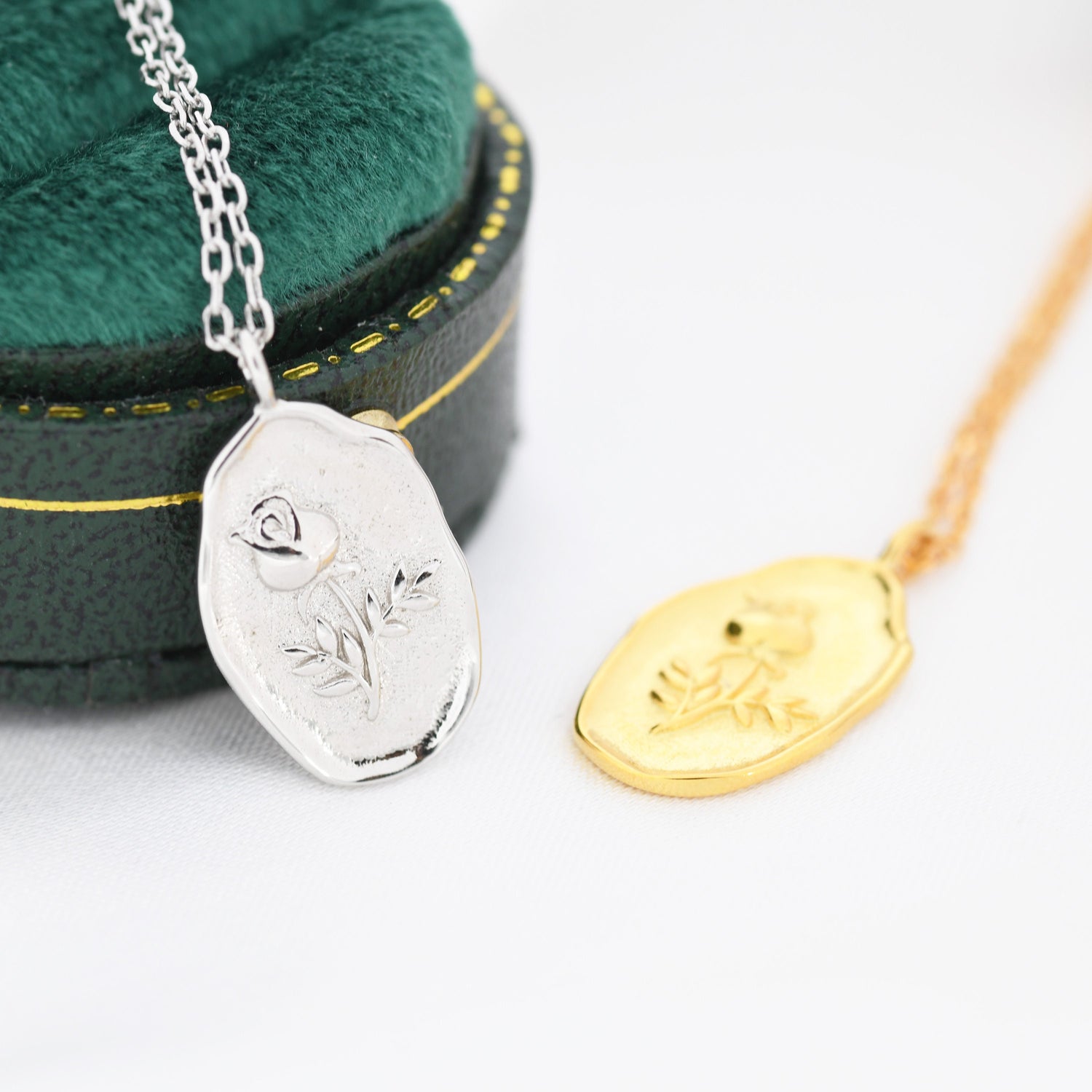 Rose Flower Oval Pendant Necklace in Sterling Silver, Silver or Gold, June Birth Flower, Nature Inspired Flower Disk Necklace