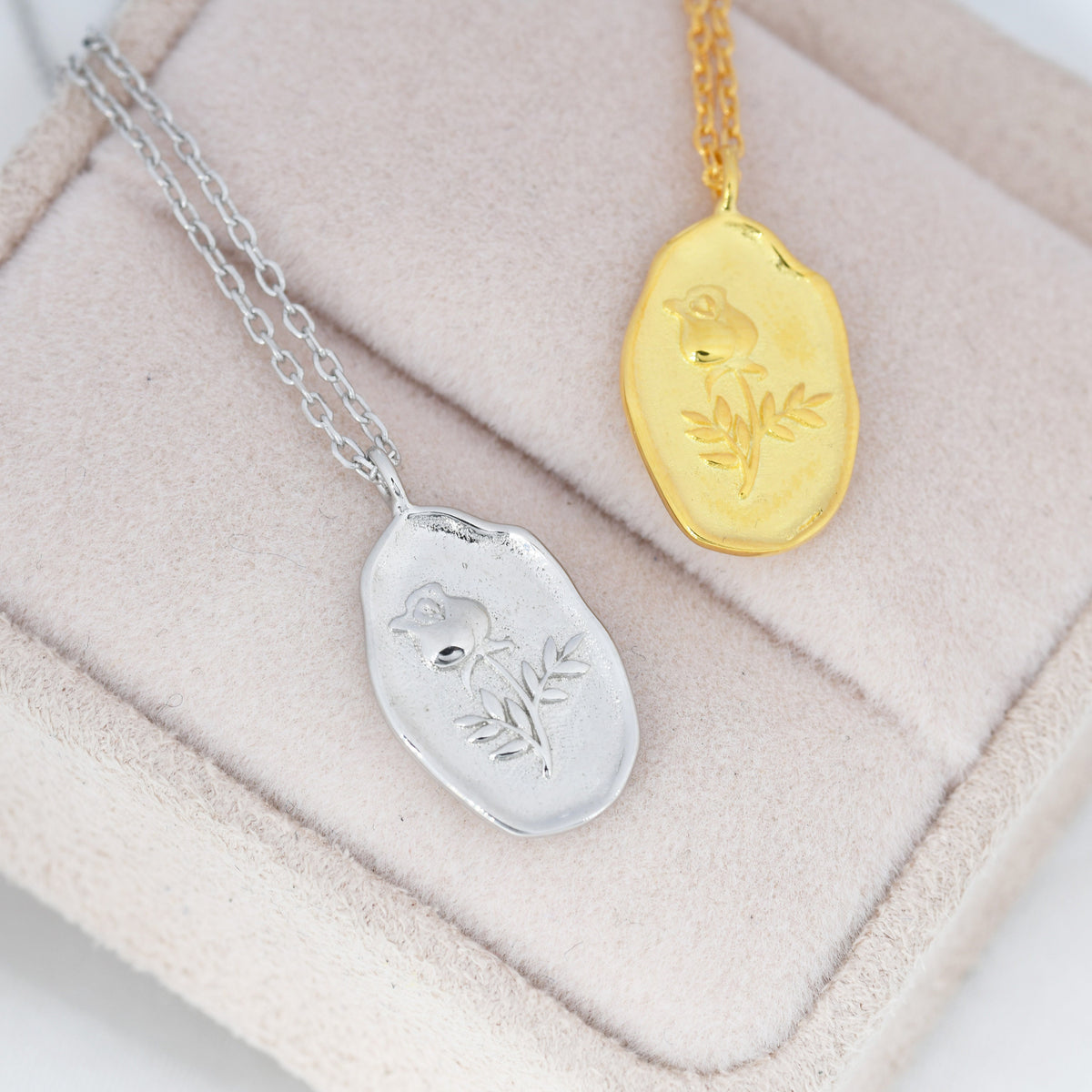 Rose Flower Oval Pendant Necklace in Sterling Silver, Silver or Gold, June Birth Flower, Nature Inspired Flower Disk Necklace
