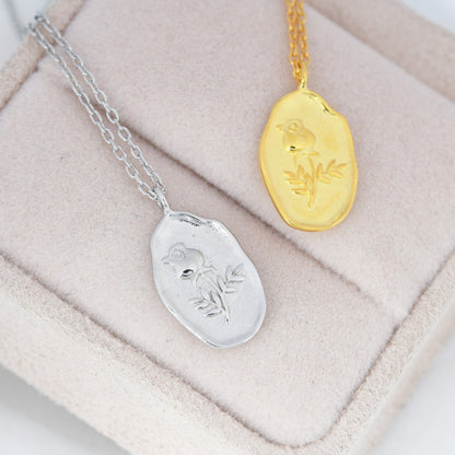 Rose Flower Oval Pendant Necklace in Sterling Silver, Silver or Gold, June Birth Flower,  Nature Inspired Flower Disk Necklace