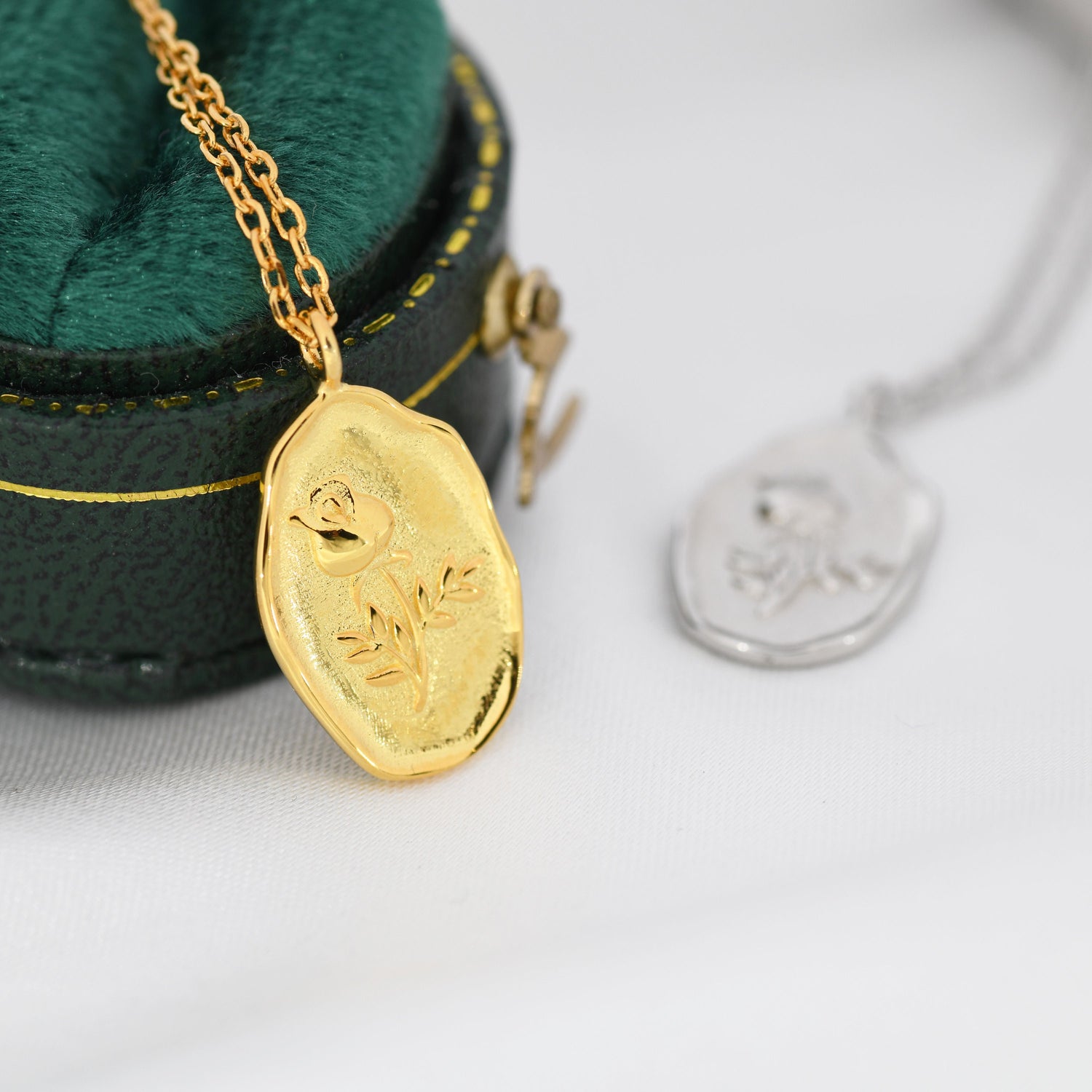 Rose Flower Oval Pendant Necklace in Sterling Silver, Silver or Gold, June Birth Flower, Nature Inspired Flower Disk Necklace