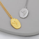 Snowdrop Flower Oval Pendant Necklace in Sterling Silver, Silver or Gold, January Birth Flower, Nature Inspired Flower Disk Necklace