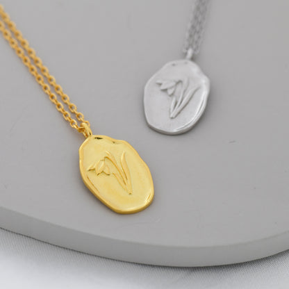 Snowdrop Flower Oval Pendant Necklace in Sterling Silver, Silver or Gold, January Birth Flower,  Nature Inspired Flower Disk Necklace