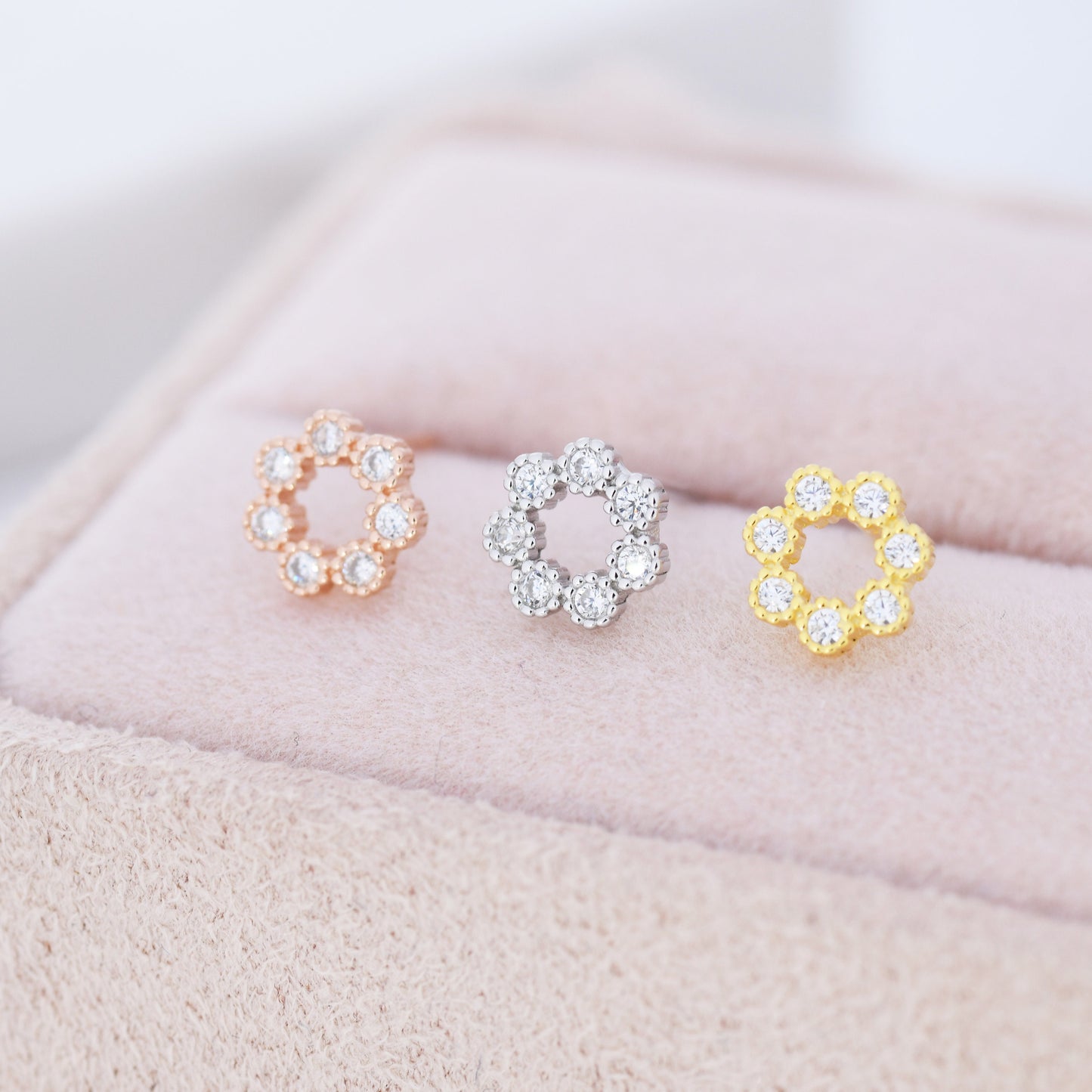 Sterling Silver Tiny CZ Circle Wreath Stud Earrings,  Silver, Gold or Rose Gold,  Tiny CZ Circle Earrings