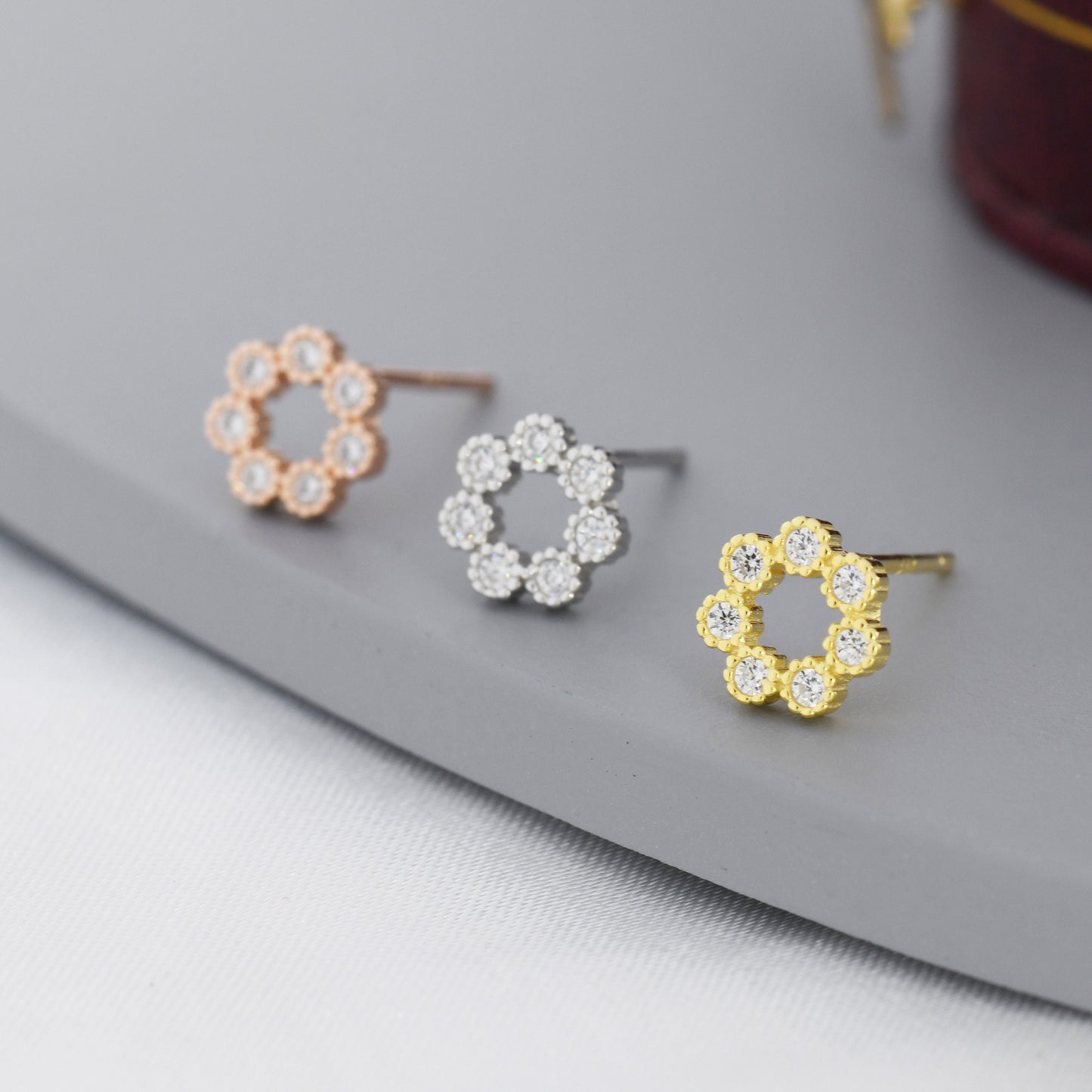 Sterling Silver Tiny CZ Circle Wreath Stud Earrings, Silver, Gold or Rose Gold, Tiny CZ Circle Earrings