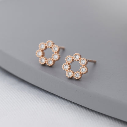 Sterling Silver Tiny CZ Circle Wreath Stud Earrings,  Silver, Gold or Rose Gold,  Tiny CZ Circle Earrings