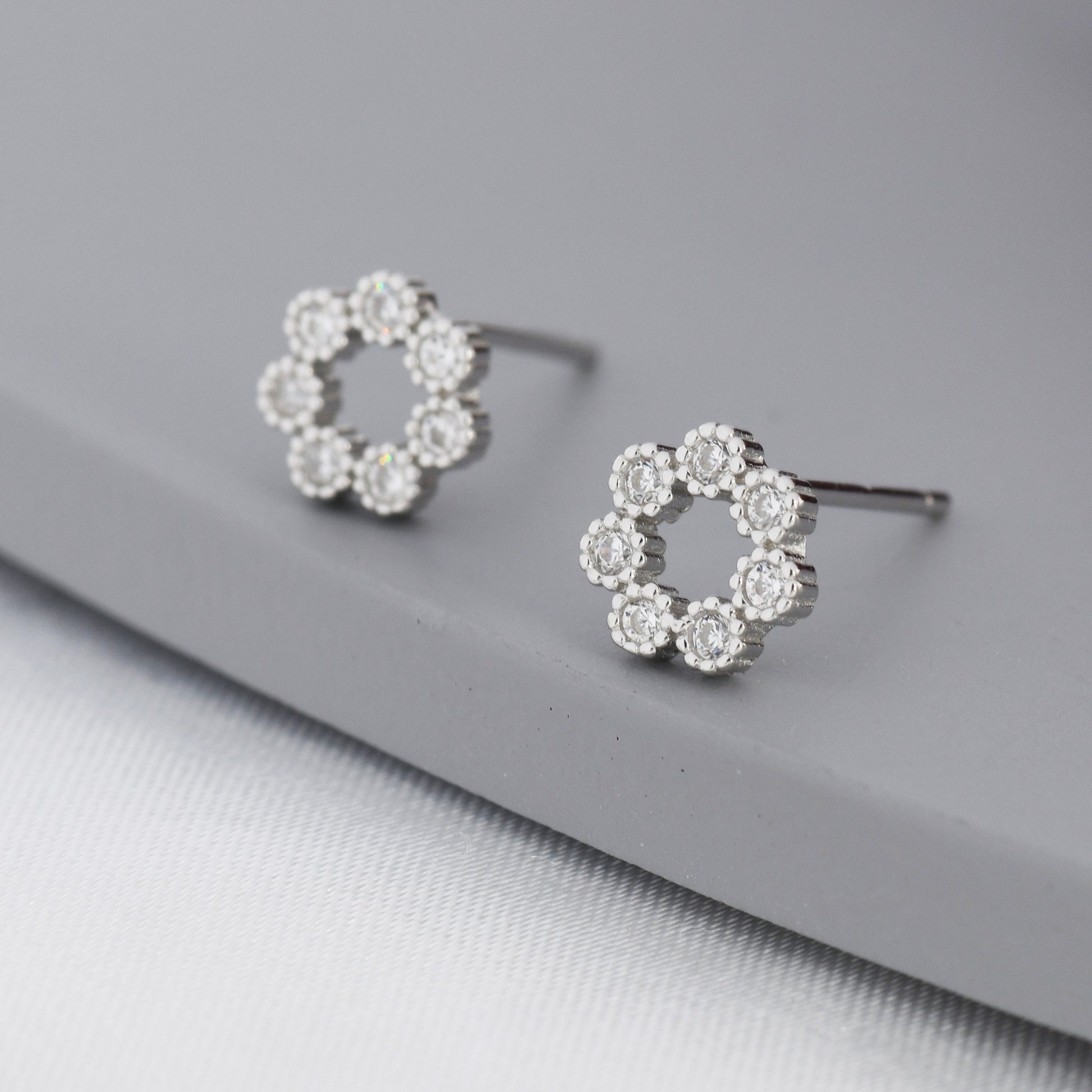 Sterling Silver Tiny CZ Circle Wreath Stud Earrings, Silver, Gold or Rose Gold, Tiny CZ Circle Earrings
