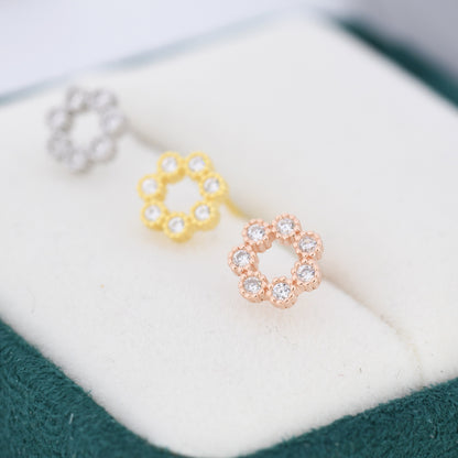 Sterling Silver Tiny CZ Circle Wreath Stud Earrings,  Silver, Gold or Rose Gold,  Tiny CZ Circle Earrings