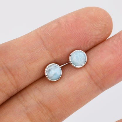 Genuine Larimar Stone Stud Earrings in Sterling Silver, Blue Larimar Stud, Natural Semi-Precious Gemstones, 5mm, Bezel, Minimalist  Earrings