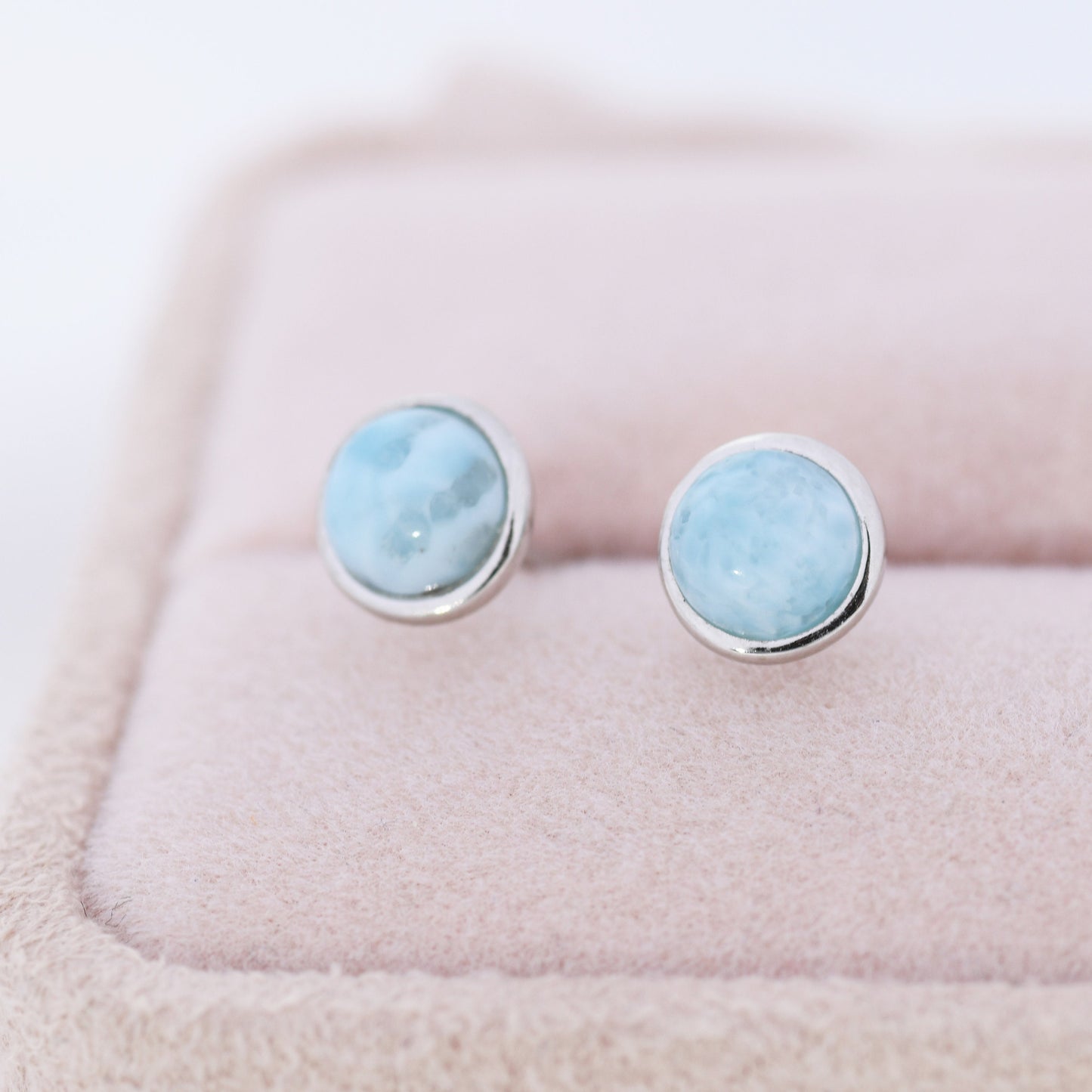 Genuine Larimar Stone Stud Earrings in Sterling Silver, Blue Larimar Stud, Natural Semi-Precious Gemstones, 5mm, Bezel, Minimalist  Earrings