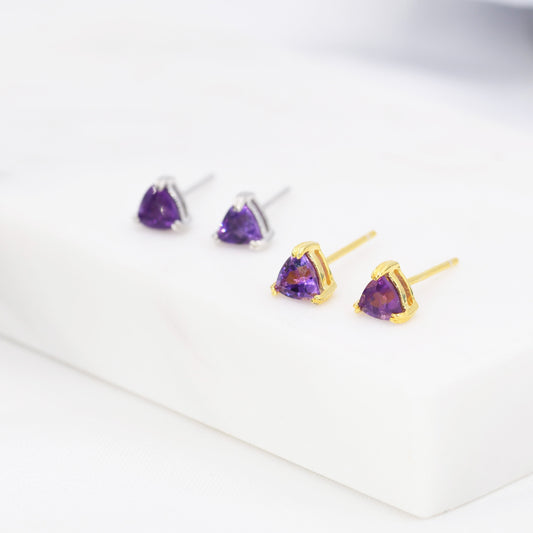 Genuine Amethyst Stud Earrings in Sterling Silver, Silver or Gold, Trillion Cut Purple Amethyst Earrings, Double Pronged