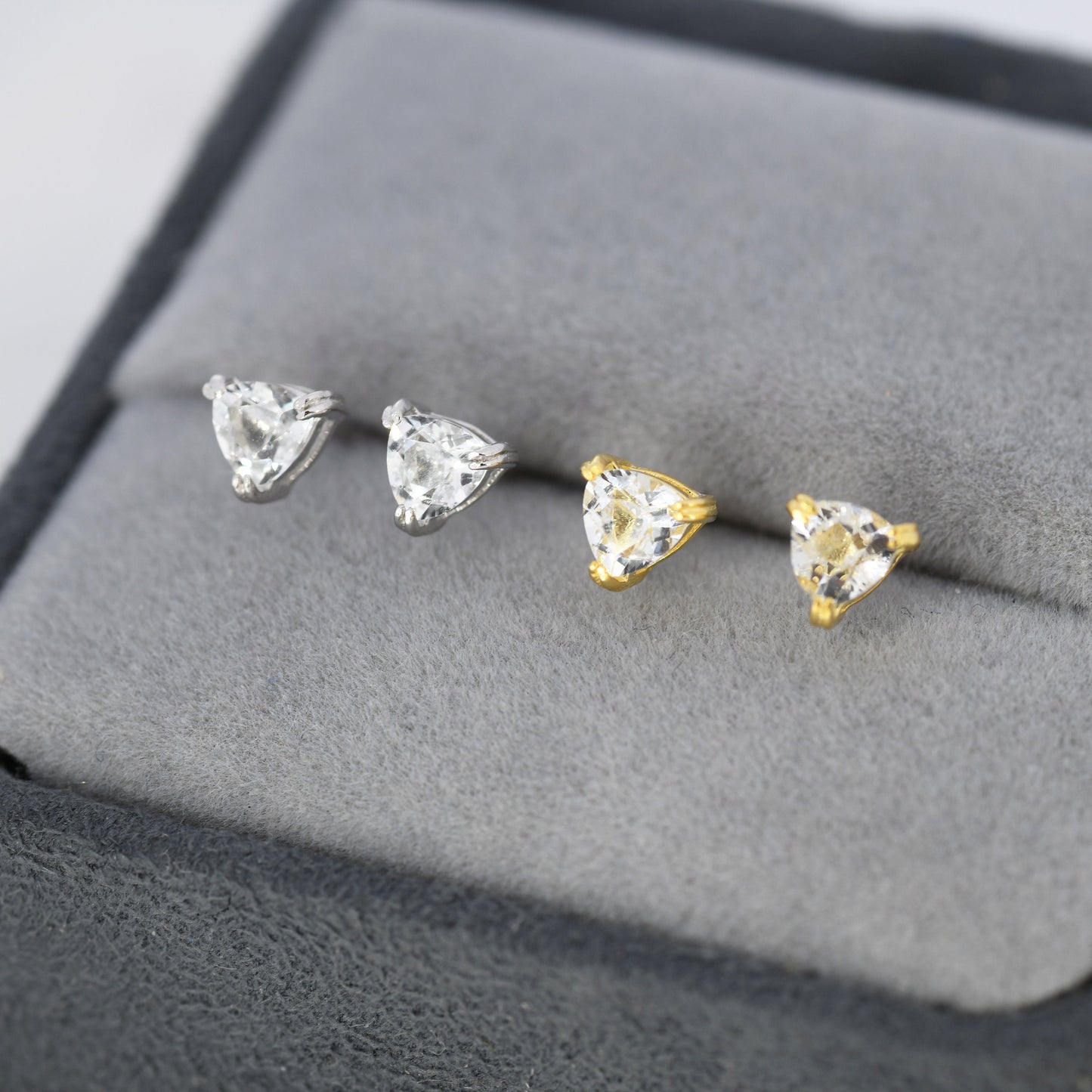 Trillion Cut CZ Stud Earrings in Sterling Silver, Silver or Gold, Trillion Cut Zirconia Earings, Double Pronged, Tiny CZ Stud