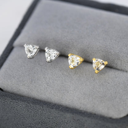 Genuine White Topaz Stud Earrings in Sterling Silver, Silver or Gold, Trillion Cut Natural White Topaz Earrings, Double Pronged