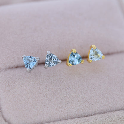 Genuine Sky Blue Topaz Stud Earrings in Sterling Silver, Silver or Gold, Trillion Cut Natural Sky Blue Topaz Earrings, Double Pronged