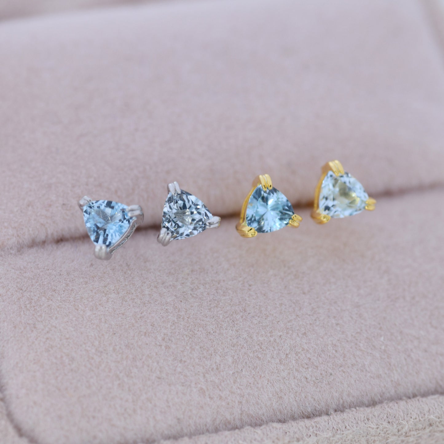 Genuine Blue Topaz Stud Earrings in Sterling Silver, Silver or Gold, Trillion Cut Natural Swiss Blue Topaz Earrings, Double Pronged