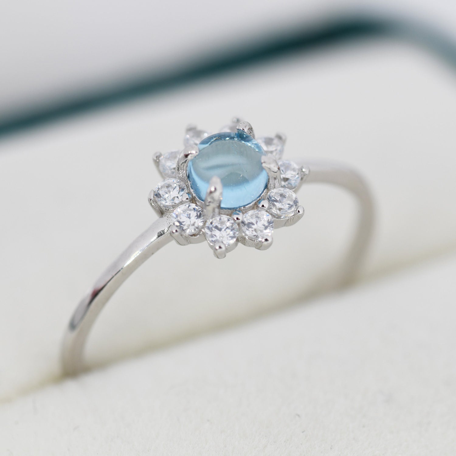Genuine Blue Aquamarine Halo Ring in Sterling Silver, US 5 - 8, Natural Aquamarine Gemstone Ring,  Crystal Flower Ring, March Birthstone