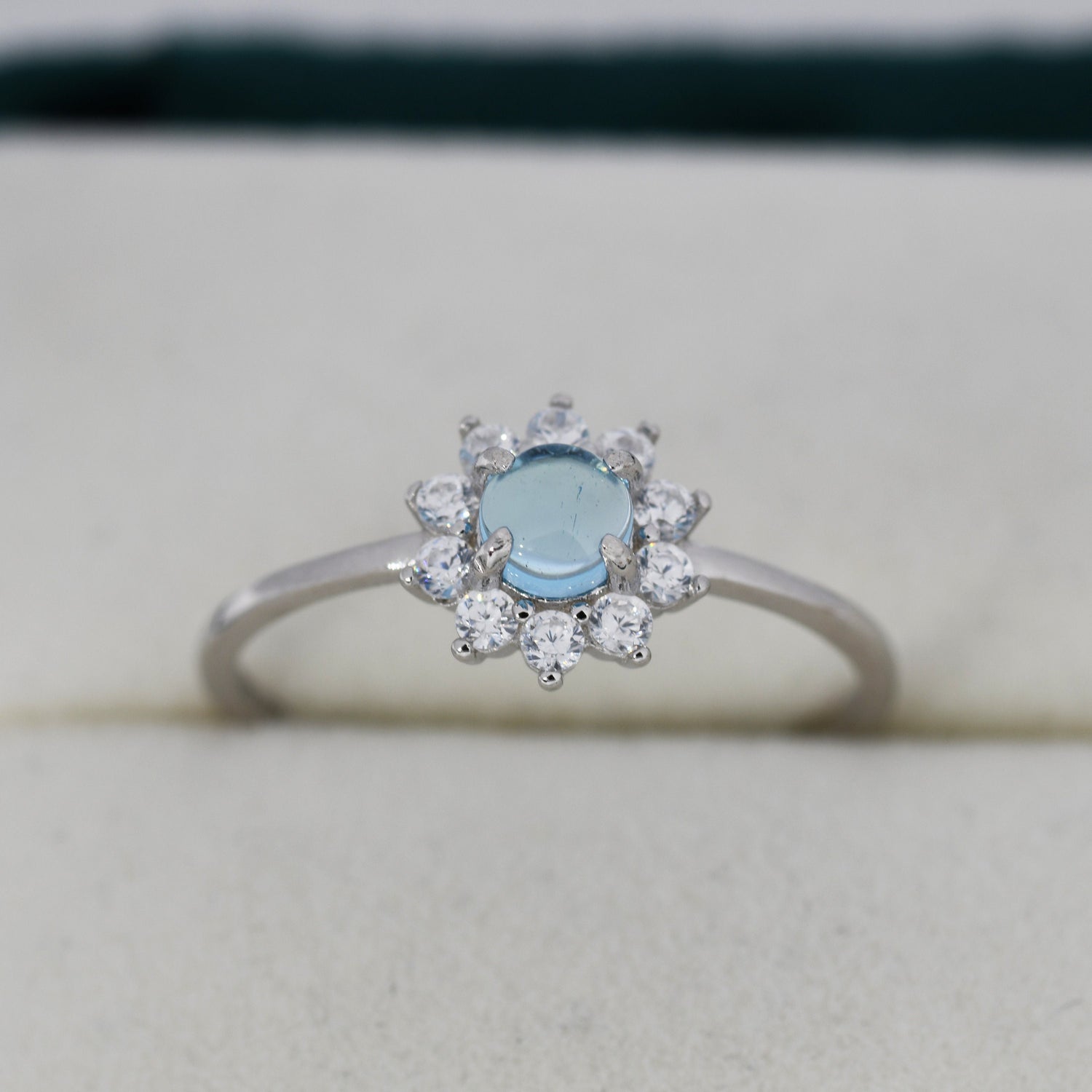 Round Cut Blue Aquamarine Halo Ring