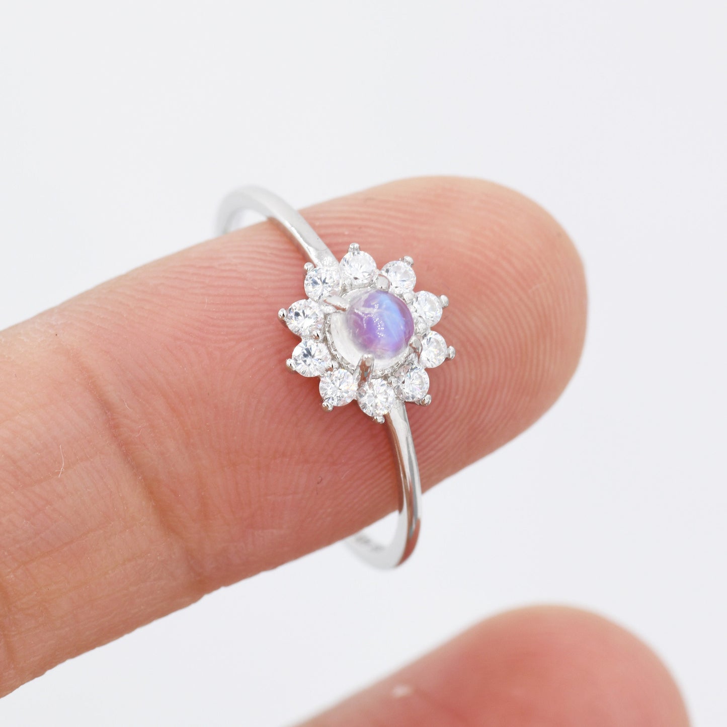 Genuine Moonstone Halo Ring in Sterling Silver, US 5 - 8, Natural Moonstone Gemstone Ring,  Crystal Flower Ring