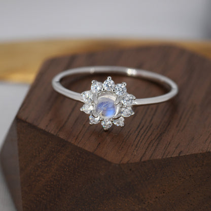 Genuine Moonstone Halo Ring in Sterling Silver, US 5 - 8, Natural Moonstone Gemstone Ring,  Crystal Flower Ring