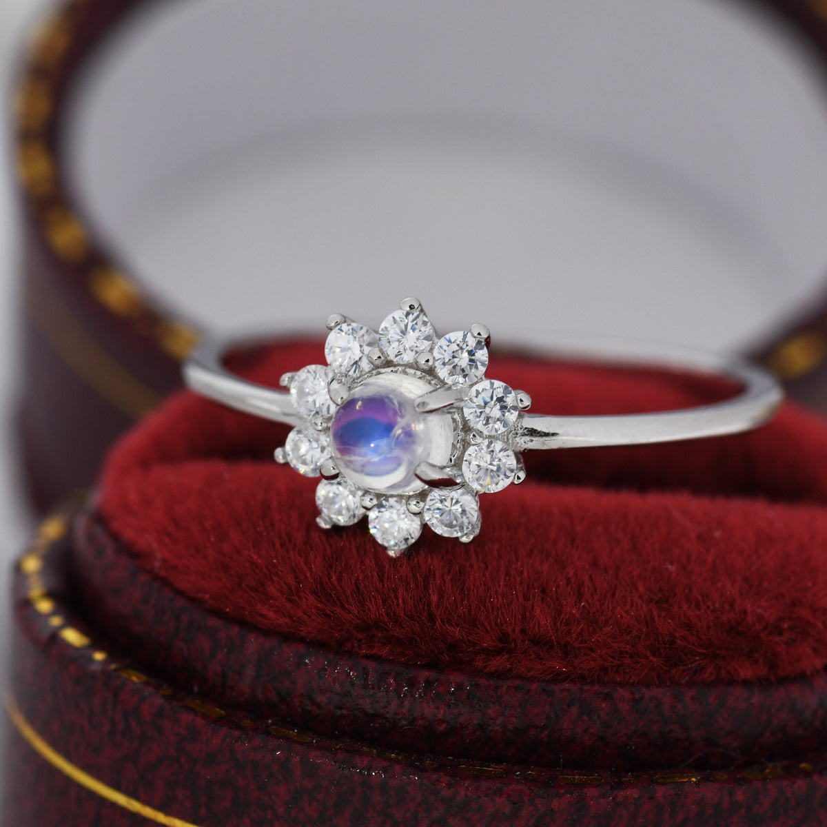 Genuine Moonstone Halo Ring in Sterling Silver, US 5 - 8, Natural Moonstone Gemstone Ring, Crystal Flower Ring