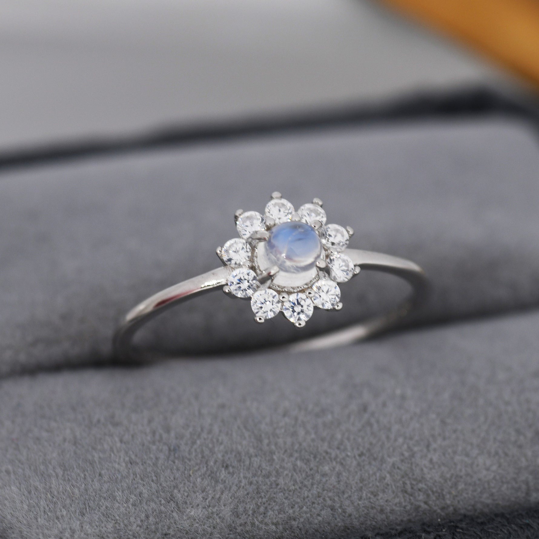 Genuine Moonstone Halo Ring in Sterling Silver, US 5 - 8, Natural Moonstone Gemstone Ring, Crystal Flower Ring