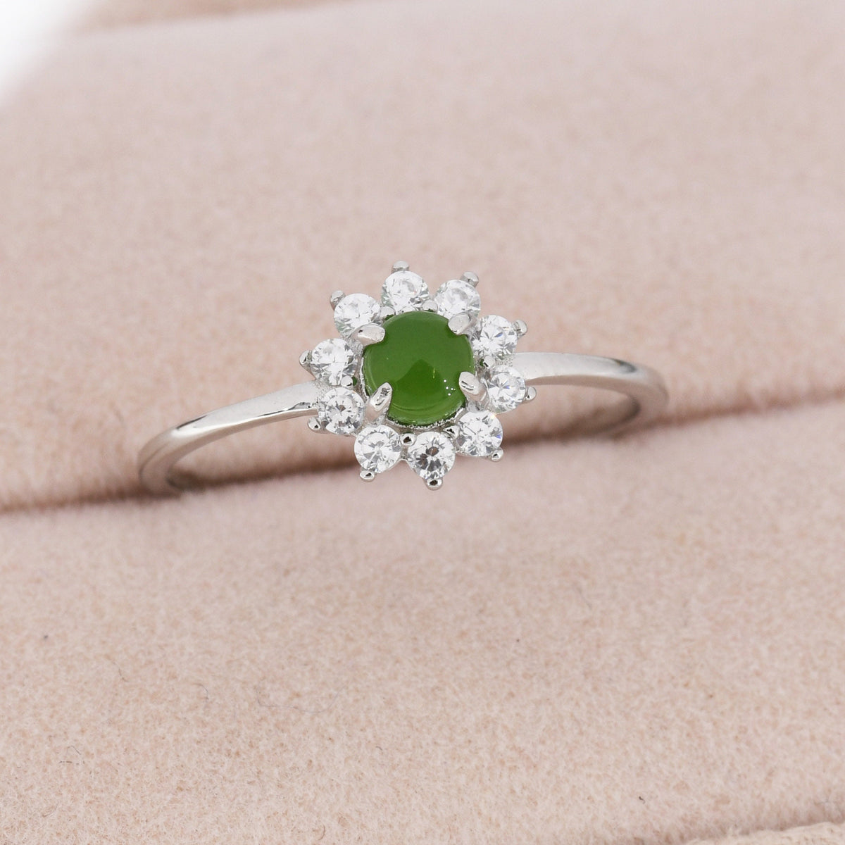 Genuine Jade Stone Halo Ring in Sterling Silver, US 5 - 8, Natural Jade Gemstone Ring, Crystal Flower Ring
