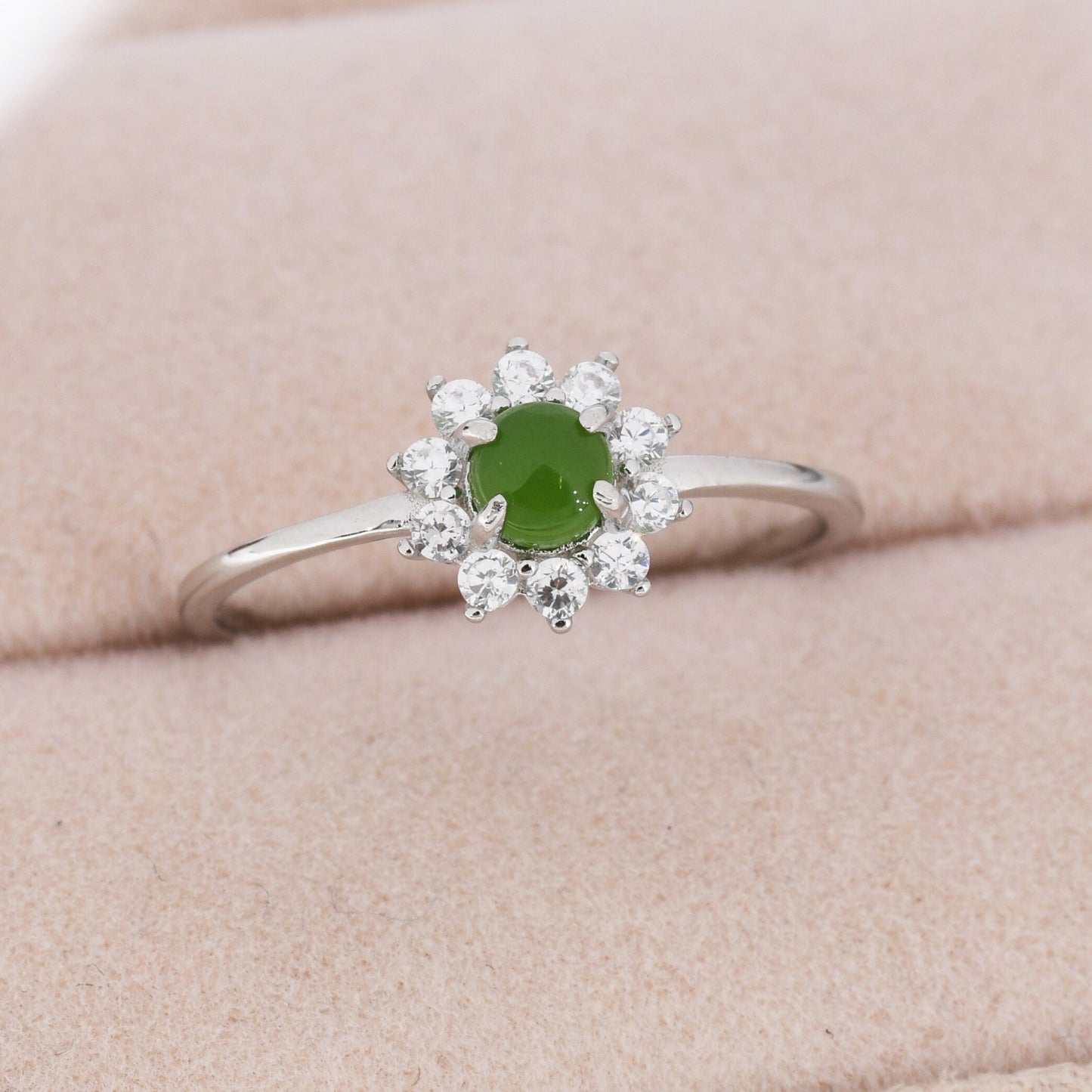 Genuine Jade Stone Halo Ring in Sterling Silver, US 5 - 8, Natural Jade Gemstone Ring,  Crystal Flower Ring