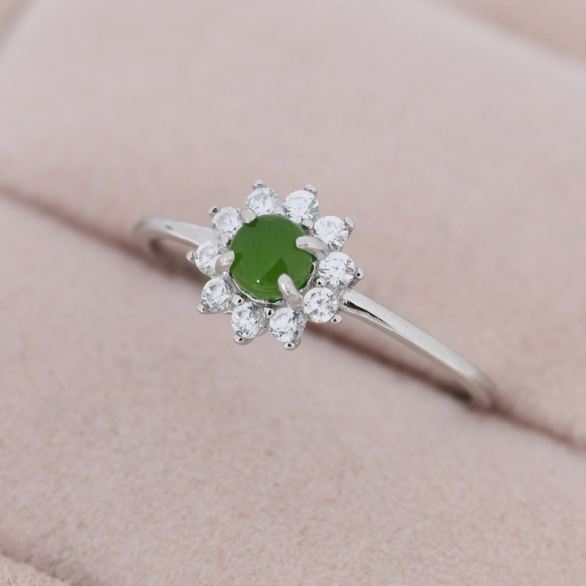 Genuine Jade Stone Halo Ring in Sterling Silver, US 5 - 8, Natural Jade Gemstone Ring, Crystal Flower Ring