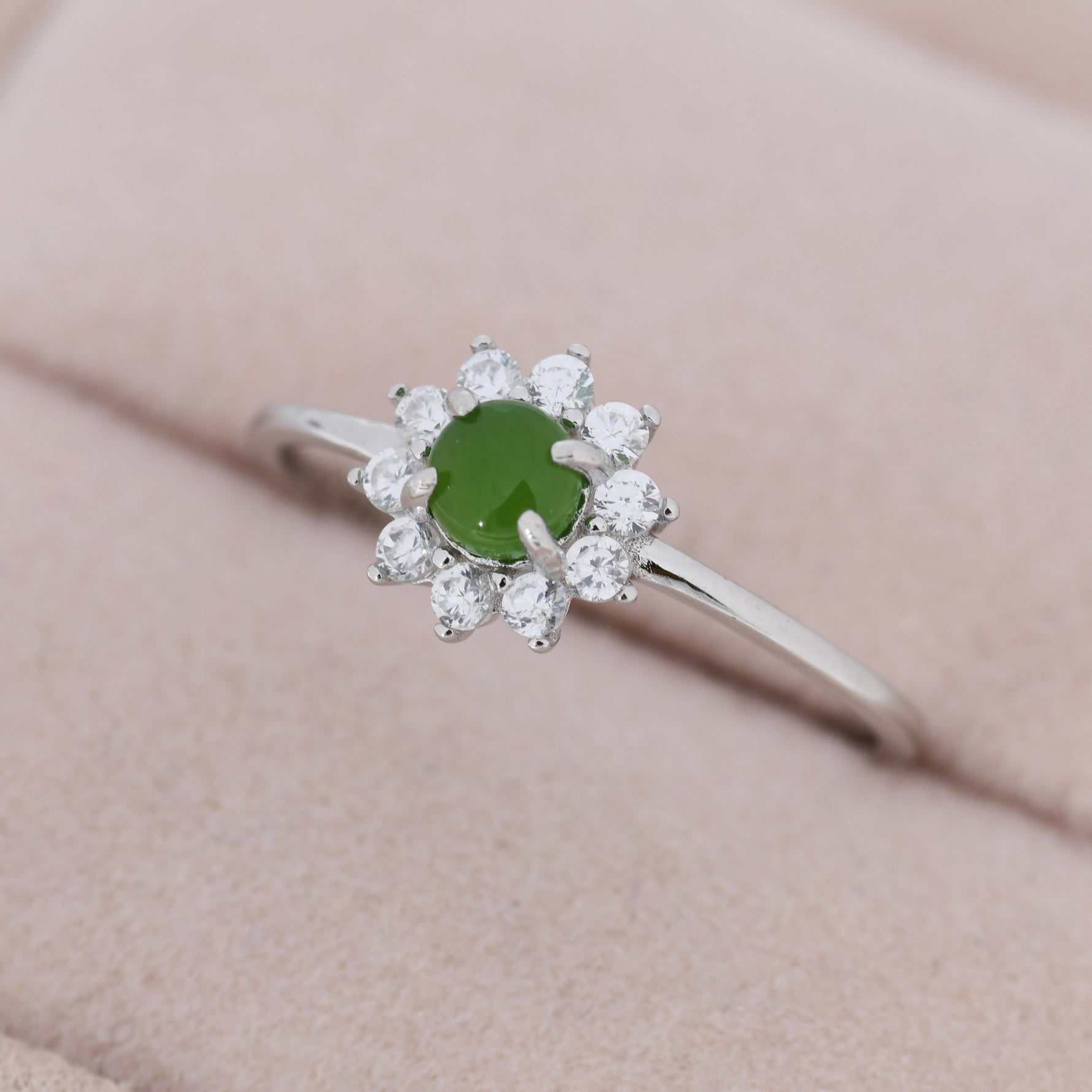 Genuine Jade Stone Halo Ring in Sterling Silver, US 5 - 8, Natural Jade Gemstone Ring, Crystal Flower Ring