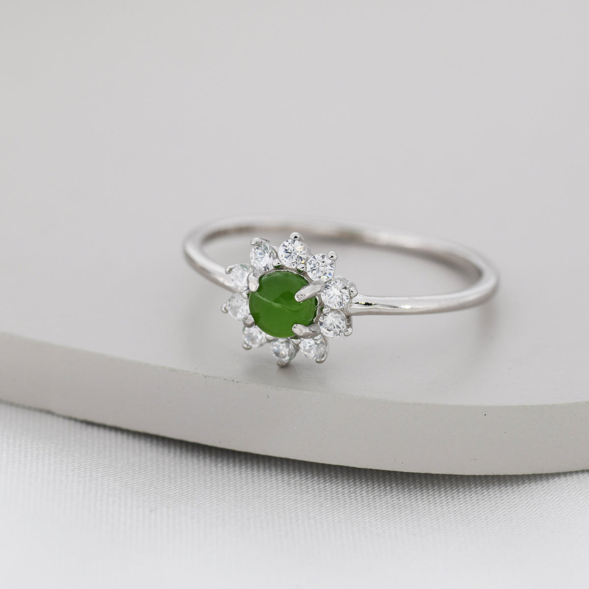 Genuine Jade Stone Halo Ring in Sterling Silver, US 5 - 8, Natural Jade Gemstone Ring, Crystal Flower Ring
