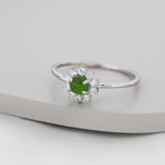 Genuine Jade Stone Halo Ring in Sterling Silver, US 5 - 8, Natural Jade Gemstone Ring, Crystal Flower Ring