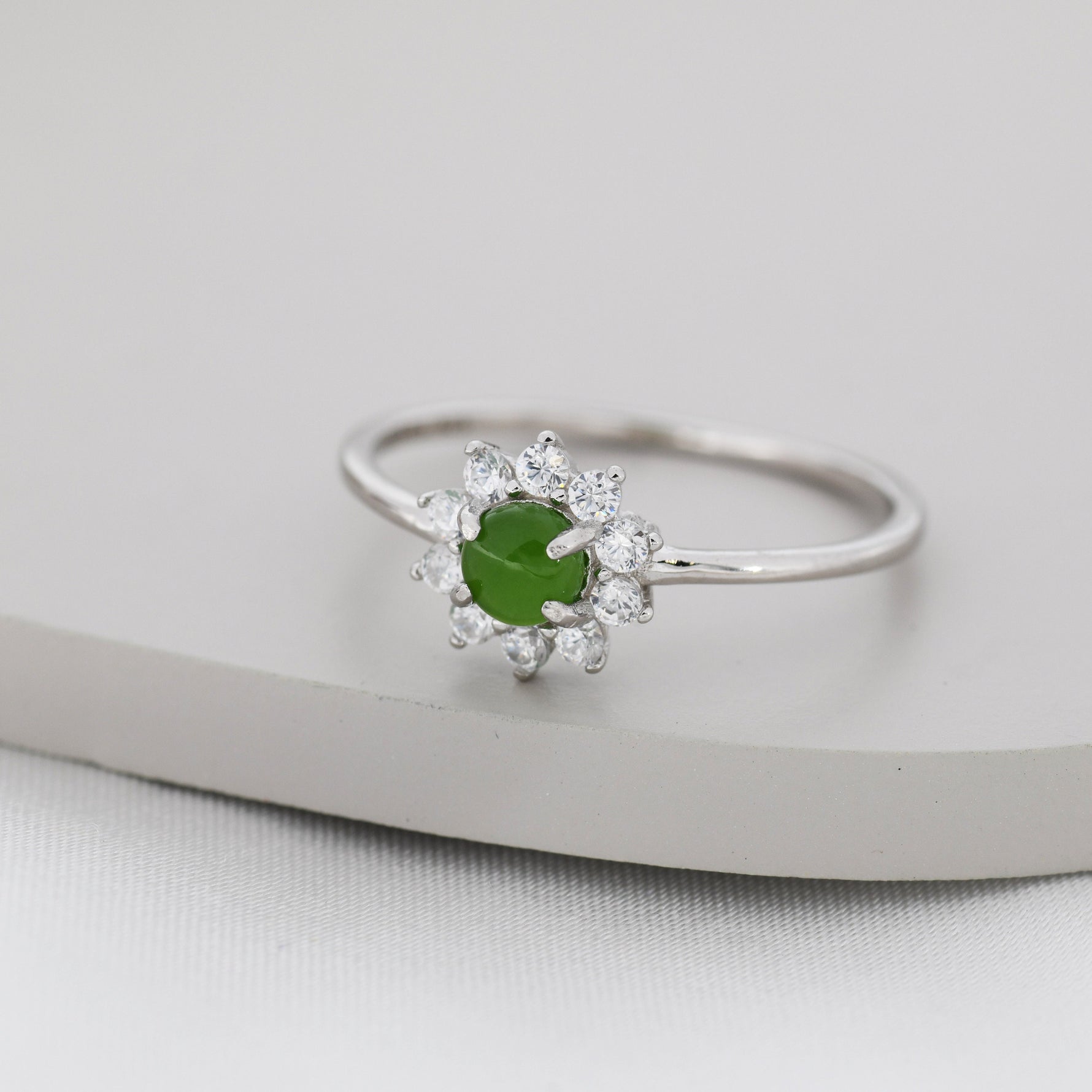 Genuine Jade Stone Halo Ring in Sterling Silver, US 5 - 8, Natural Jade Gemstone Ring, Crystal Flower Ring
