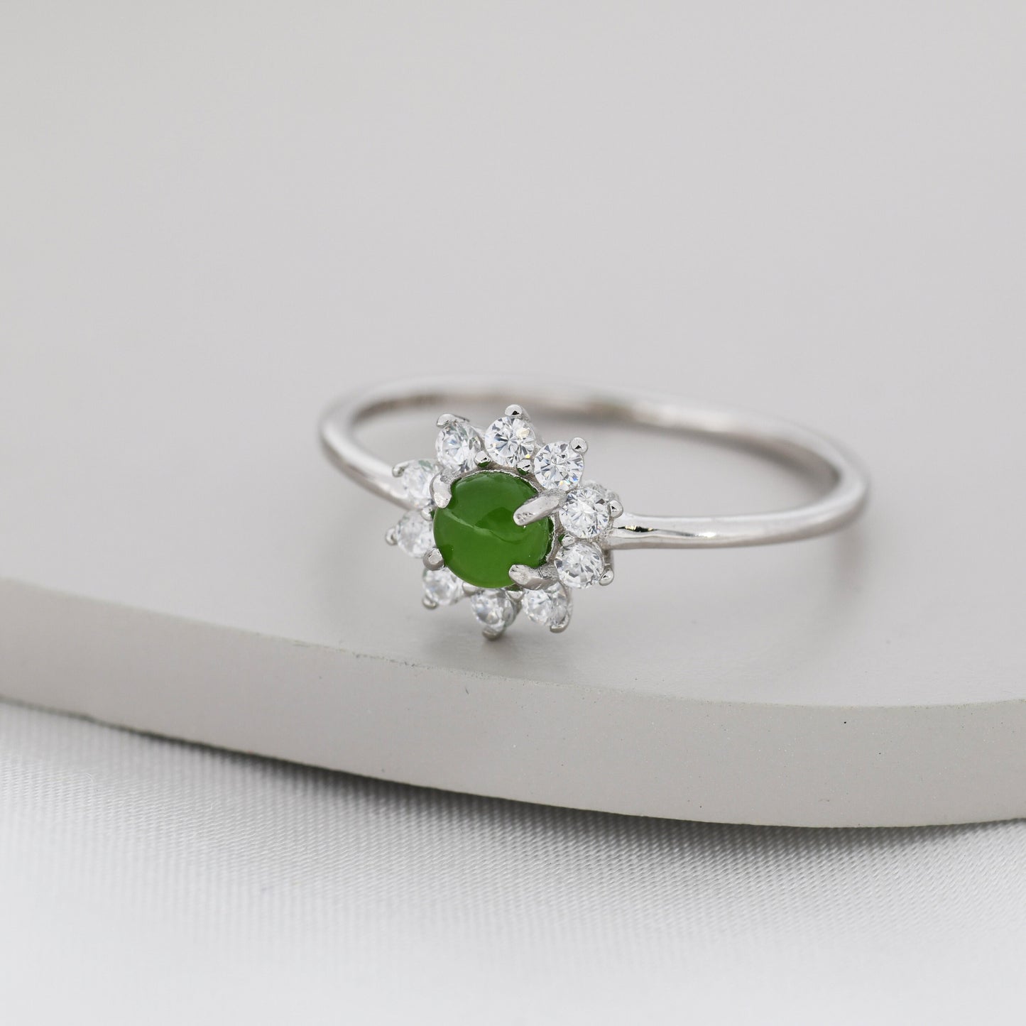 Genuine Jade Stone Halo Ring in Sterling Silver, US 5 - 8, Natural Jade Gemstone Ring,  Crystal Flower Ring