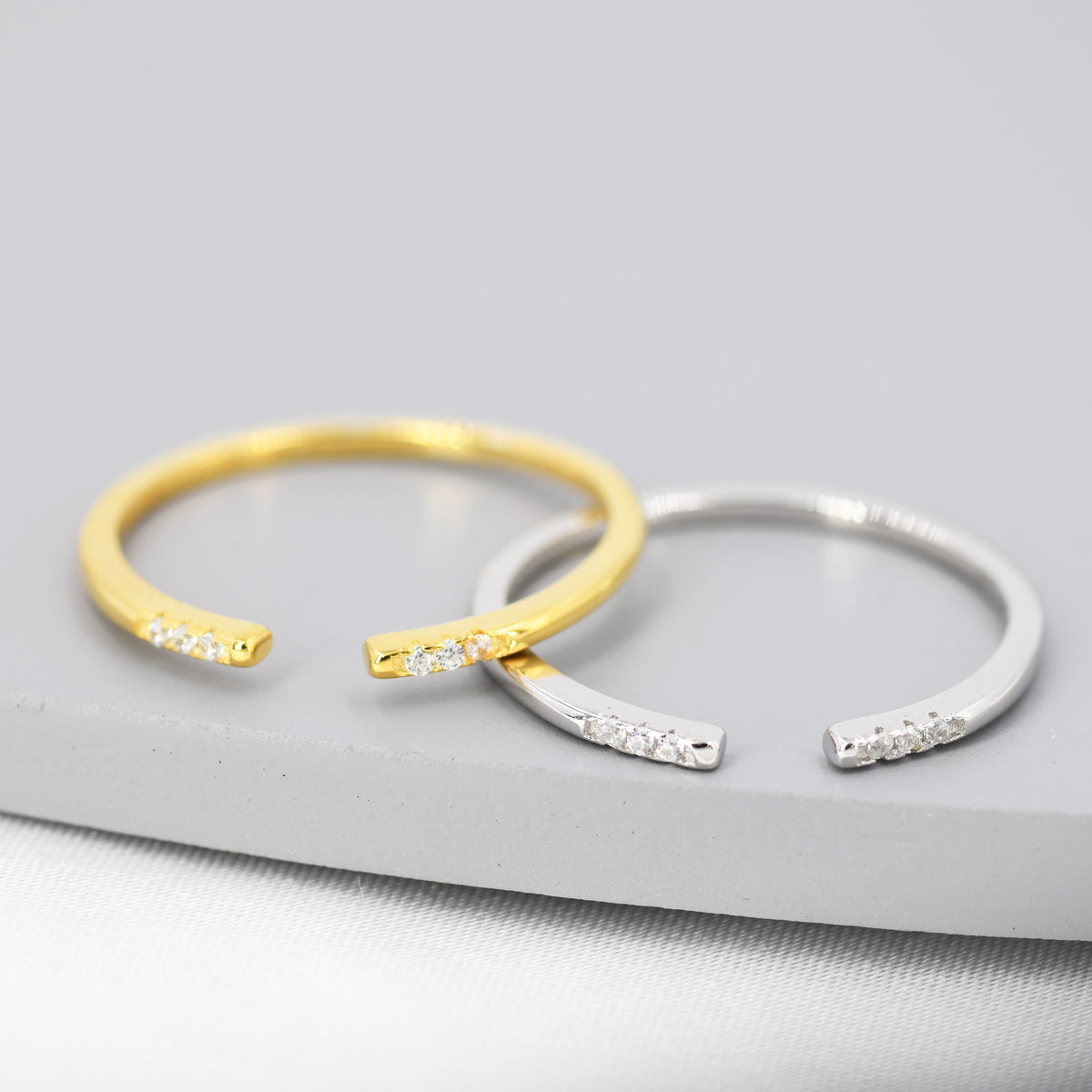 CZ Open Ring in Sterling Silver, Silver or Gold, Adjustable, Minimalist CZ Stacking Ring CZ Ring