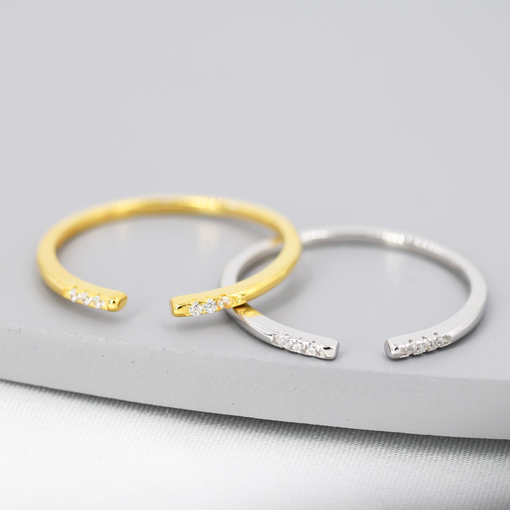 CZ Open Ring in Sterling Silver, Silver or Gold, Adjustable, Minimalist CZ Stacking Ring CZ Ring