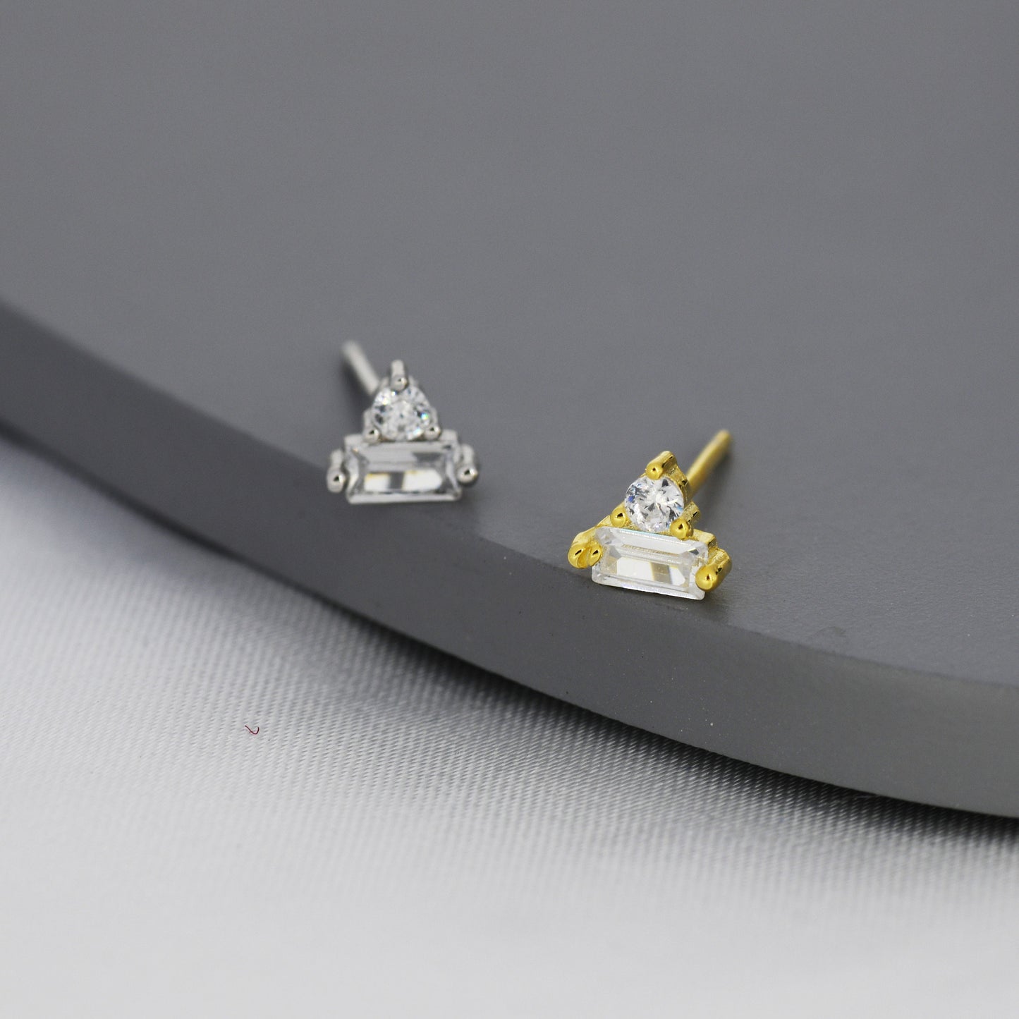 Baguette and Round CZ Stud Earrings in Sterling Silver, Silver or Gold, Geometric CZ Cluster Earrings, Stacking Earrings