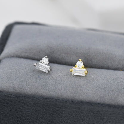 Baguette and Round CZ Stud Earrings in Sterling Silver, Silver or Gold, Geometric CZ Cluster Earrings, Stacking Earrings