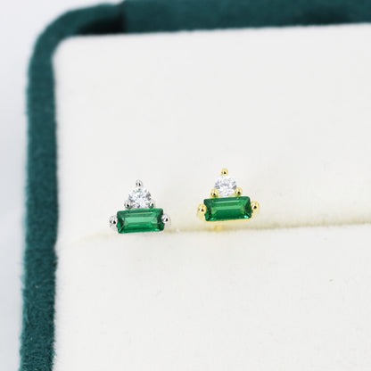 Emerald Green Baguette and Round CZ Stud Earrings in Sterling Silver, Silver or Gold, Geometric CZ Cluster Earrings, Stacking Earrings