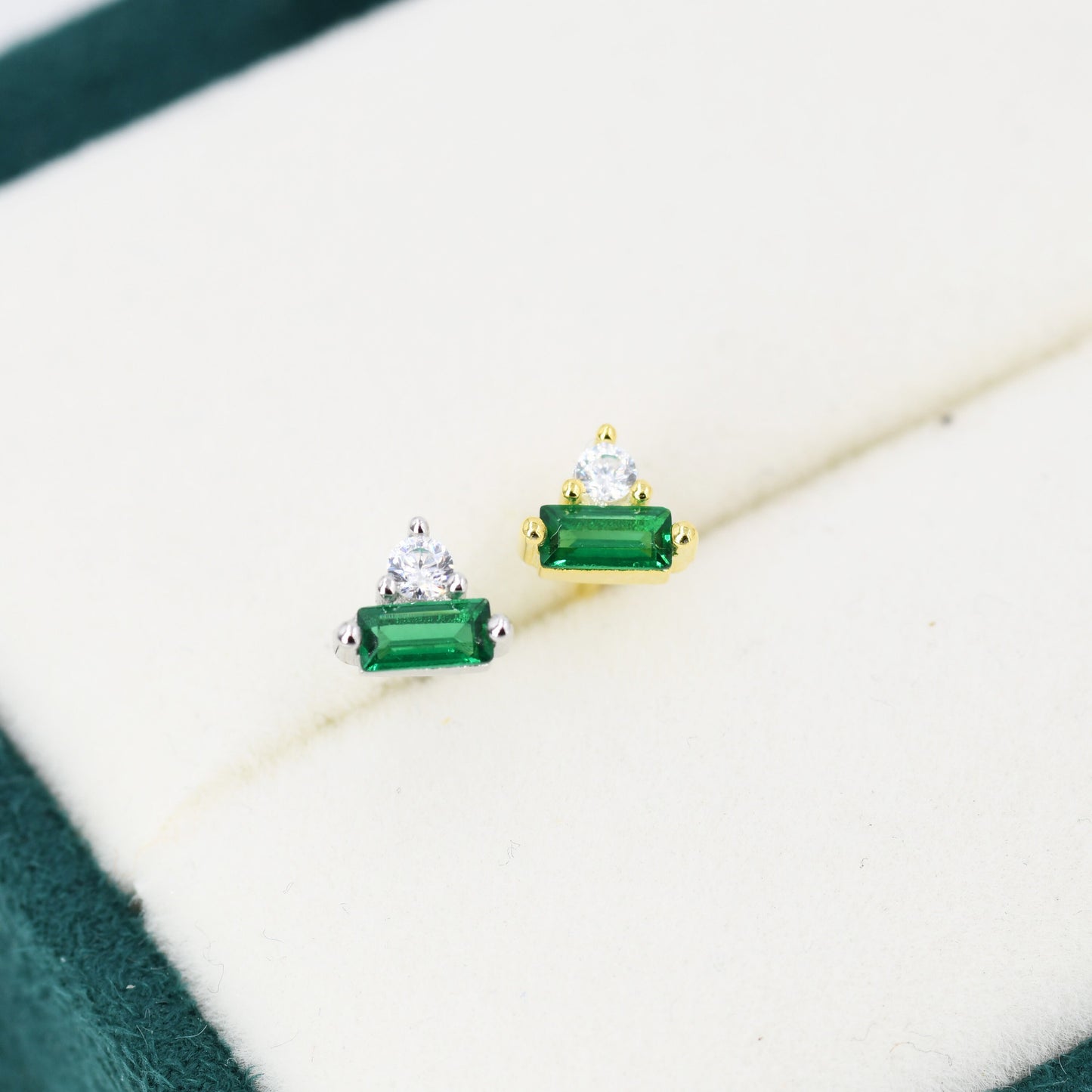 Emerald Green Baguette and Round CZ Stud Earrings in Sterling Silver, Silver or Gold, Geometric CZ Cluster Earrings, Stacking Earrings