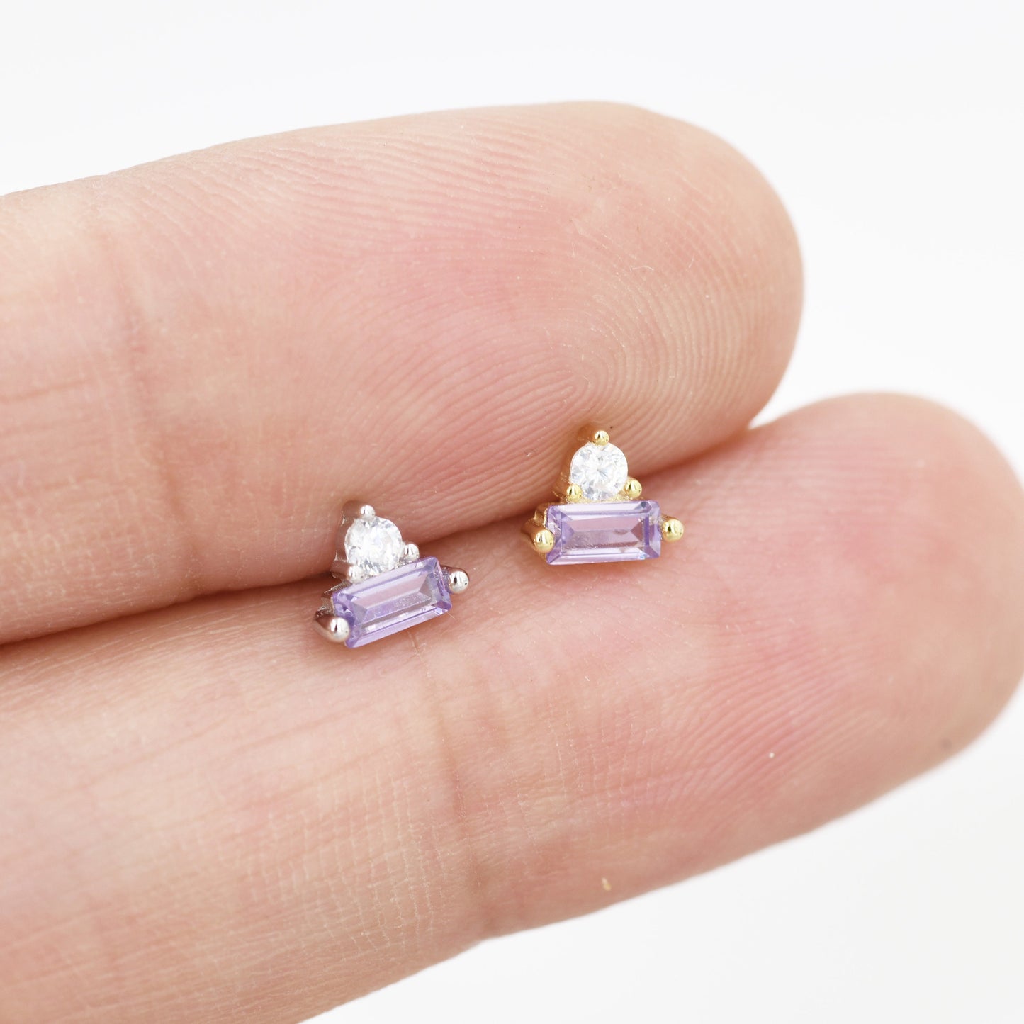Lilac Purple Baguette and Round CZ Stud Earrings in Sterling Silver, Silver or Gold, Geometric CZ Cluster Earrings, Stacking Earrings