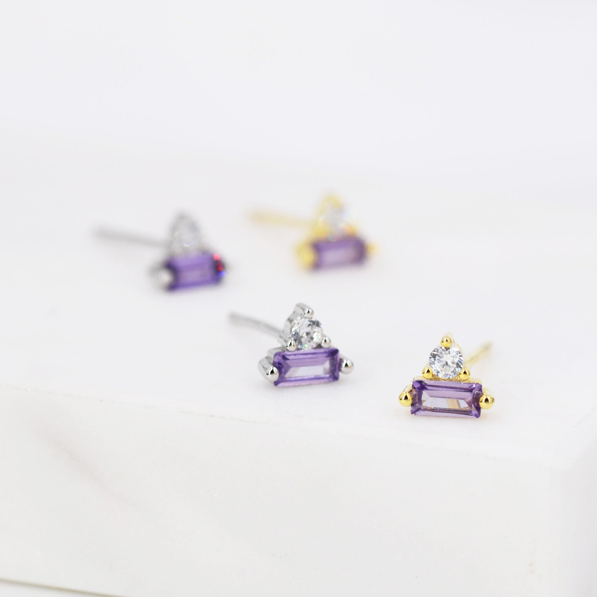 Lilac Purple Baguette and Round CZ Stud Earrings in Sterling Silver, Silver or Gold, Geometric CZ Cluster Earrings, Stacking Earrings