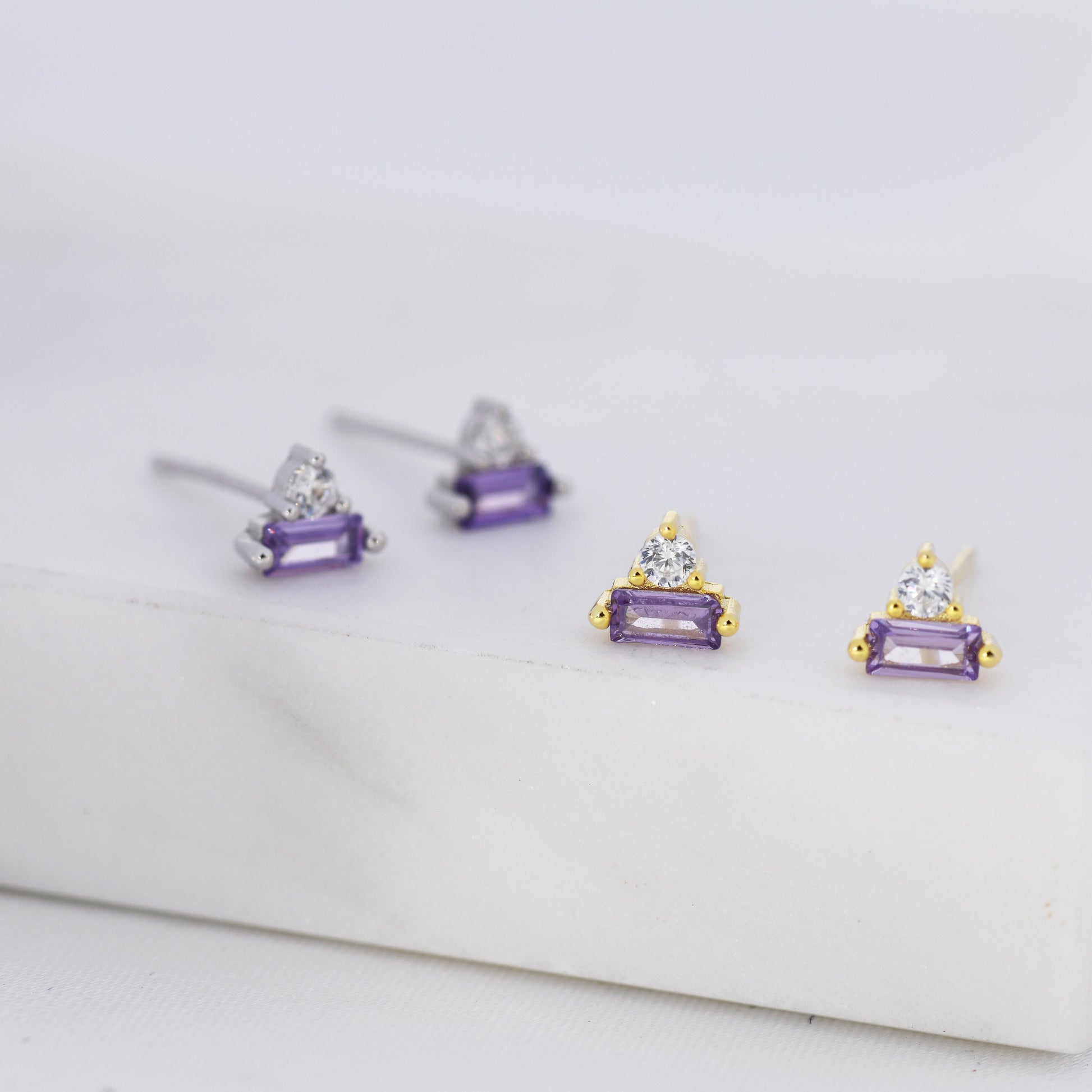 Lilac Purple Baguette and Round CZ Stud Earrings in Sterling Silver, Silver or Gold, Geometric CZ Cluster Earrings, Stacking Earrings