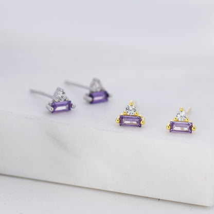 Lilac Purple Baguette and Round CZ Stud Earrings in Sterling Silver, Silver or Gold, Geometric CZ Cluster Earrings, Stacking Earrings