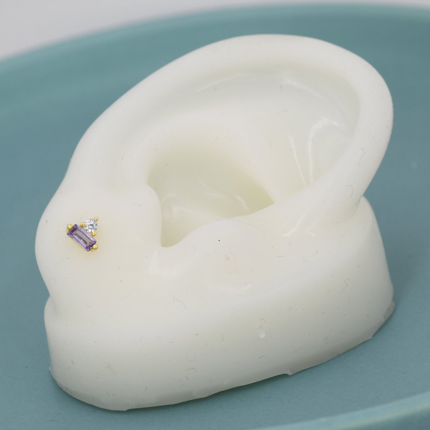 Lilac Purple Baguette and Round CZ Stud Earrings in Sterling Silver, Silver or Gold, Geometric CZ Cluster Earrings, Stacking Earrings