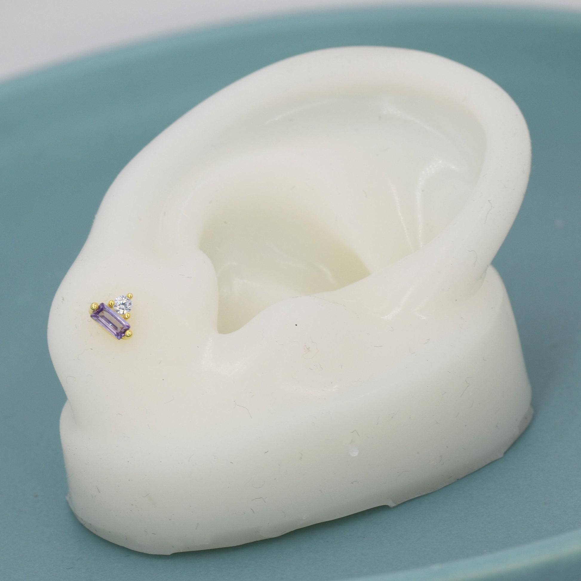 Lilac Purple Baguette and Round CZ Stud Earrings in Sterling Silver, Silver or Gold, Geometric CZ Cluster Earrings, Stacking Earrings