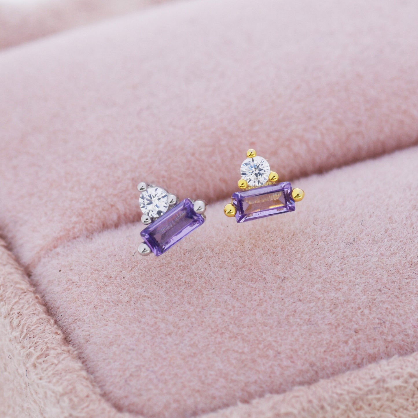 Lilac Purple Baguette and Round CZ Stud Earrings in Sterling Silver, Silver or Gold, Geometric CZ Cluster Earrings, Stacking Earrings