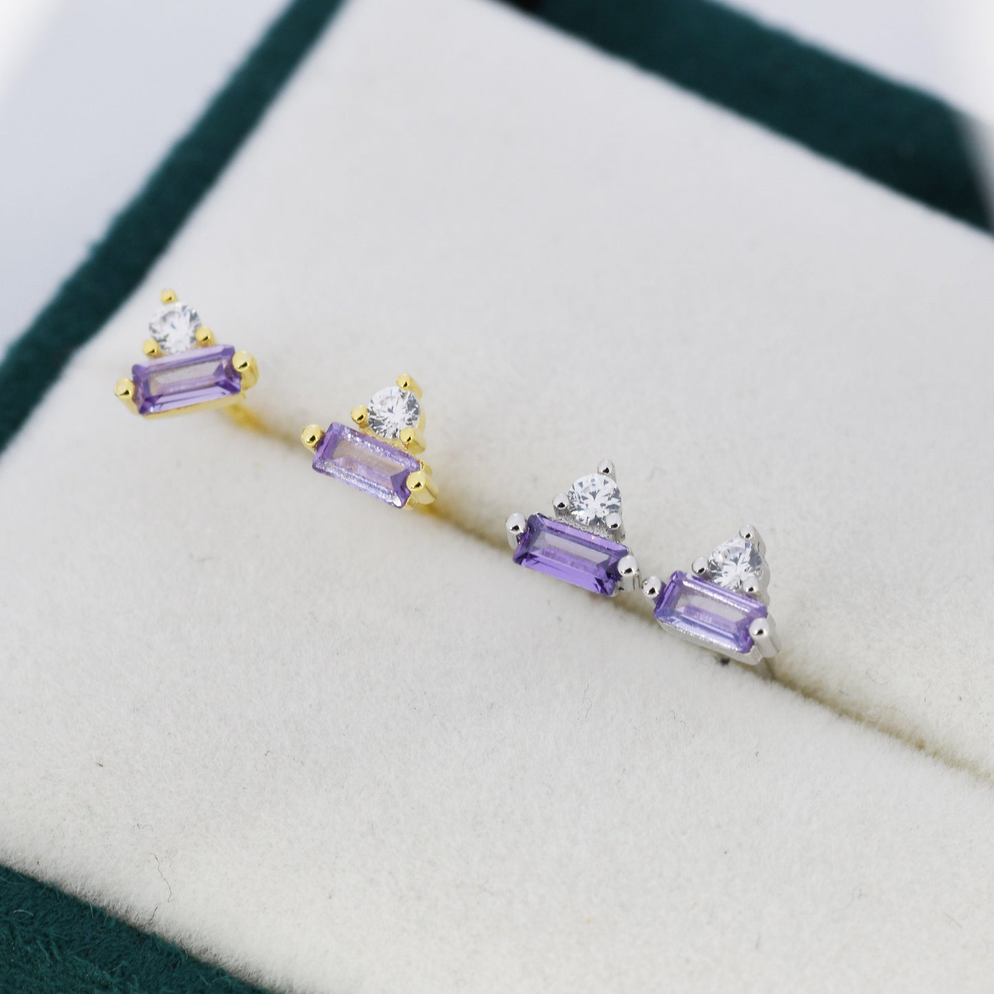Lilac Purple Baguette and Round CZ Stud Earrings in Sterling Silver, Silver or Gold, Geometric CZ Cluster Earrings, Stacking Earrings